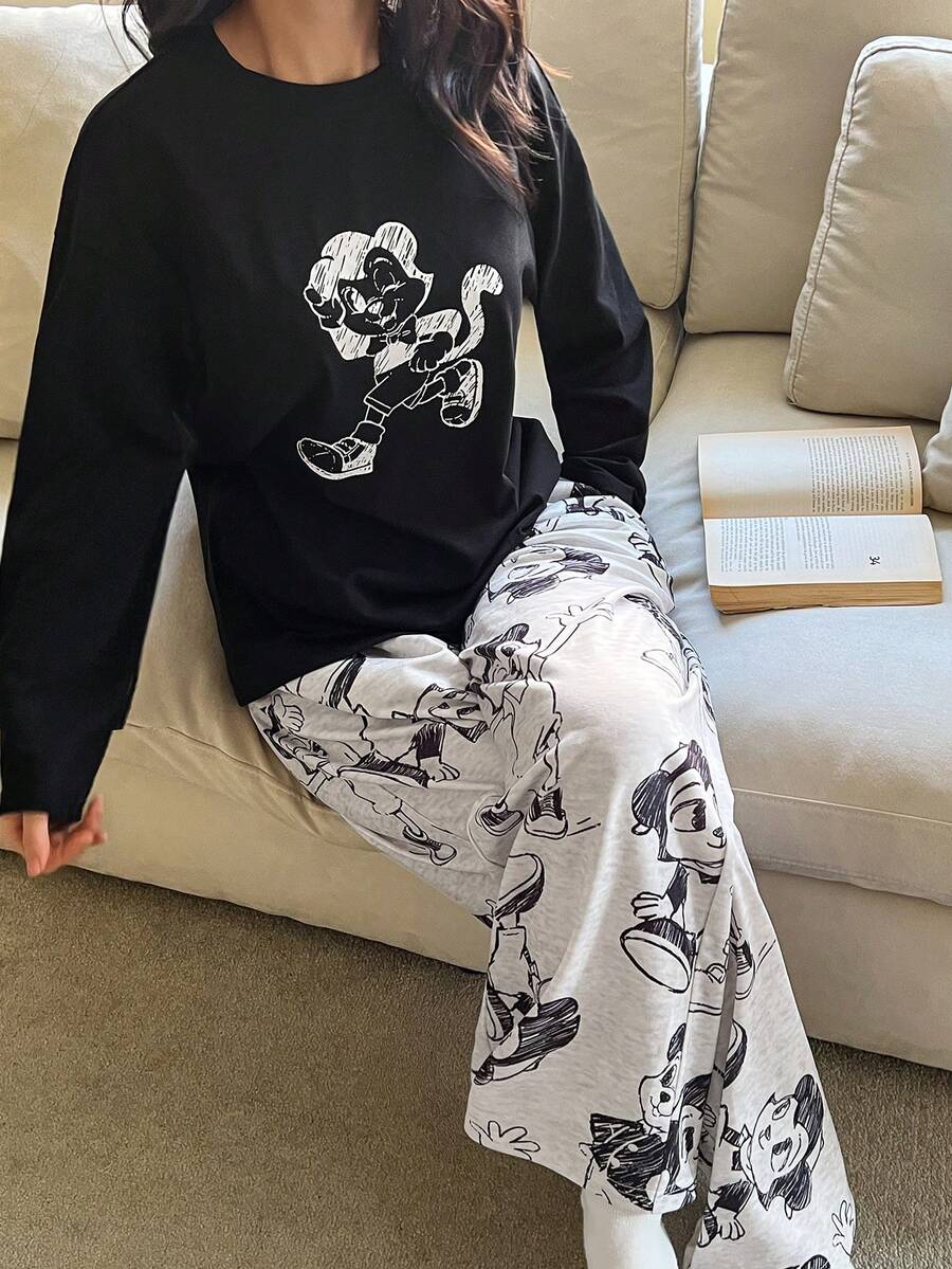 DAZY Cute Cartoon Print Long Sleeve Top And Pants Women Pajama Set - Black - View 1