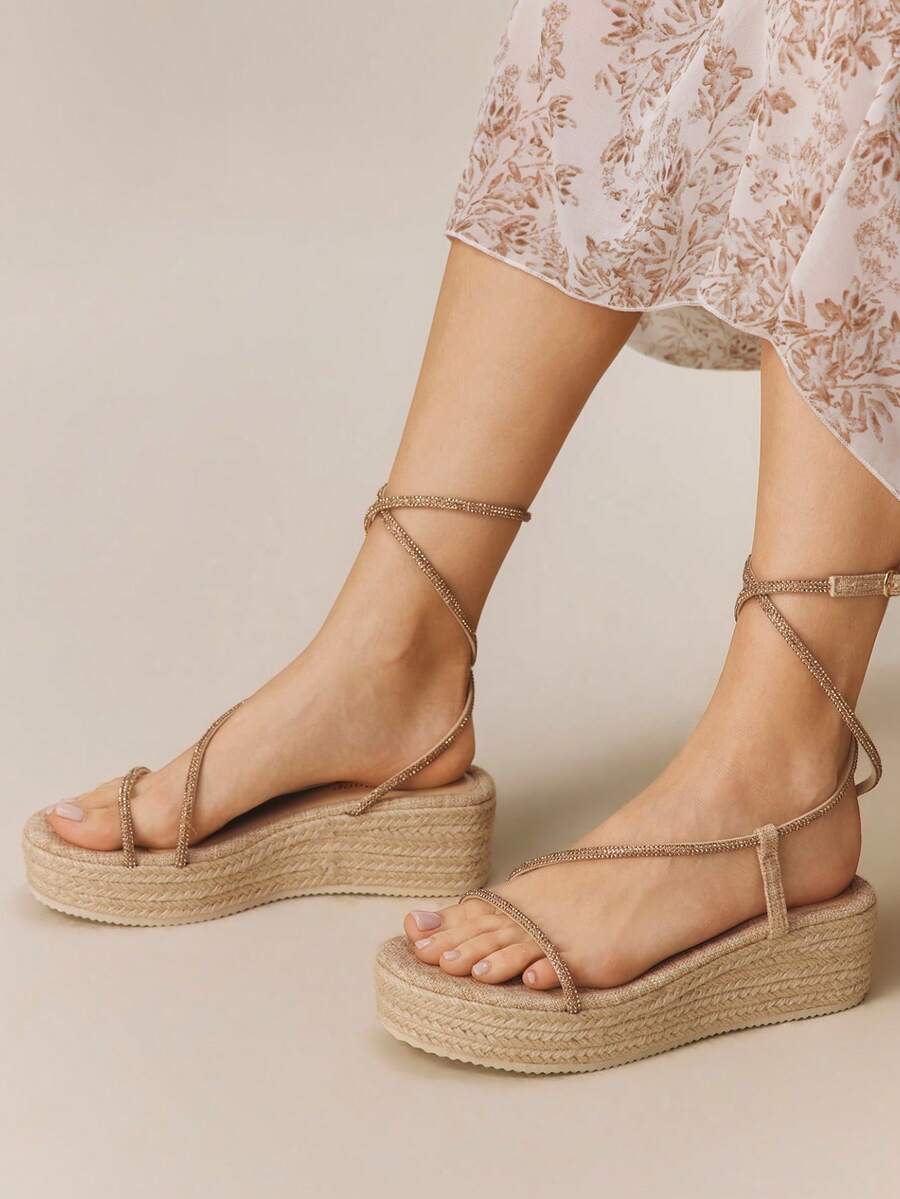 Styleloop 女士编织绳坡跟凉鞋，度假风波西米亚复古美式西部音乐节派对装扮 - 杏色1 - 查看 1
