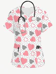 PopScrub Women's V-Neck Short Sleeve Pink Heart & Polka Dot Cartoon Print Nursing Uniform Top, Fashionable For Spring/Summer Valentine's Day - Multicolor - View 1