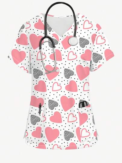 PopScrub Women's V-Neck Short Sleeve Pink Heart & Polka Dot Cartoon Print Nursing Uniform Top, Fashionable For Spring/Summer Valentine's Day