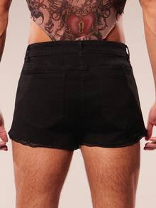 FeverCity Herrshorts i tvättad, lös denim i kontrastfärgad spets för casualbruk - Svart - Visa 2