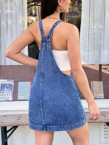 Rivivi 女士口袋时尚百搭休闲牛仔背带裙 - 深色水洗藍 - 查看 2