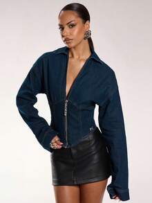 Normani Áo khoác denim thời trang đa năng tay dài cổ bẻ có khóa kéo cho nữ - Rửa tối - Xem 7