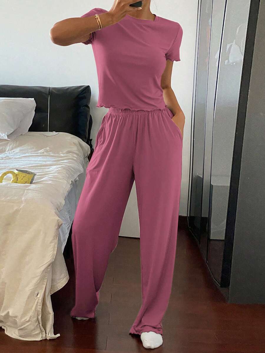 Livesso Minimalist Solid Color Wavy Trim Decor Fitted Top And Pants Homewear Set - Pink - View 1