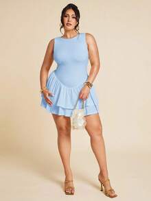 SHEIN BAE Bộ jumpsuit nữ cỡ lớn màu trắng trơn không tay, ôm sát, xếp ly, thanh lịch, dáng ngắn, hai lớp bèo nhún, thích hợp cho mùa xuân hè, váy nữ, jumpsuit ngày Valentine, jumpsuit mặc hàng ngày, jumpsuit thanh lịch, jumpsuit trắng. - Màu xanh nhạt - Xem 4
