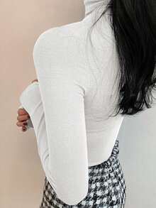 DAZY 女式高领修身保暖上衣 T 恤，休闲时尚，适合日常穿着，秋季服装长袖女式上衣 - 白色 - 查看 2