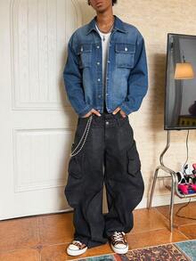 Manfinity EMRG Men's Casual Streetwear Multi-Pocket Striped Blue Denim Jacket Men Shacket - Dark Wash - View 3