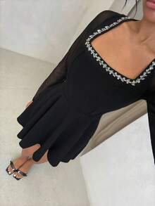 Glamine Women's Elegant Commuter Mesh Patchwork Crystal Embellished Dress - Black - View 5