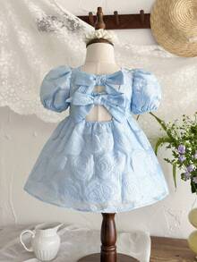 LMoss Kids LMoss 嬰兒女童可愛水藍色編織圓領 3D 蝴蝶結休閒洋裝，夏季派對服飾，適用生日、慶祝活動與日常穿著的舞會禮服 - 藍色 - 查看 5