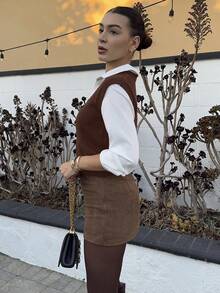 Andrea Bello Women's Casual Versatile Solid Color Knit Vest - Coffee Brown - View 5