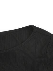 Franclia Camiseta negra de manga larga asimétrica con cintura ceñida de talla grande, blusa negra de manga larga elegante de primavera/verano con hombros descubiertos, blusas negras ajustadas y elegantes para mujer, blusas negras sexys de manga larga con pliegues - Negro - Ver 4