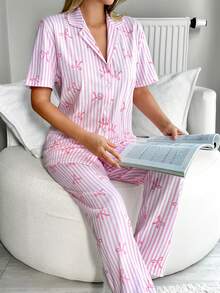 EURMUSE Women 2 Pcs Short Sleeved Button Front &Pants With Striped&Bow Pattern Homewear Cute Pajama Set - Pink - View 4