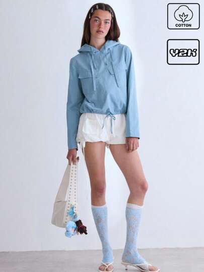 COUREZ 带前口袋的套头连帽夹克 / Y2K 街头风夏季女装上衣 100%纯棉复古款