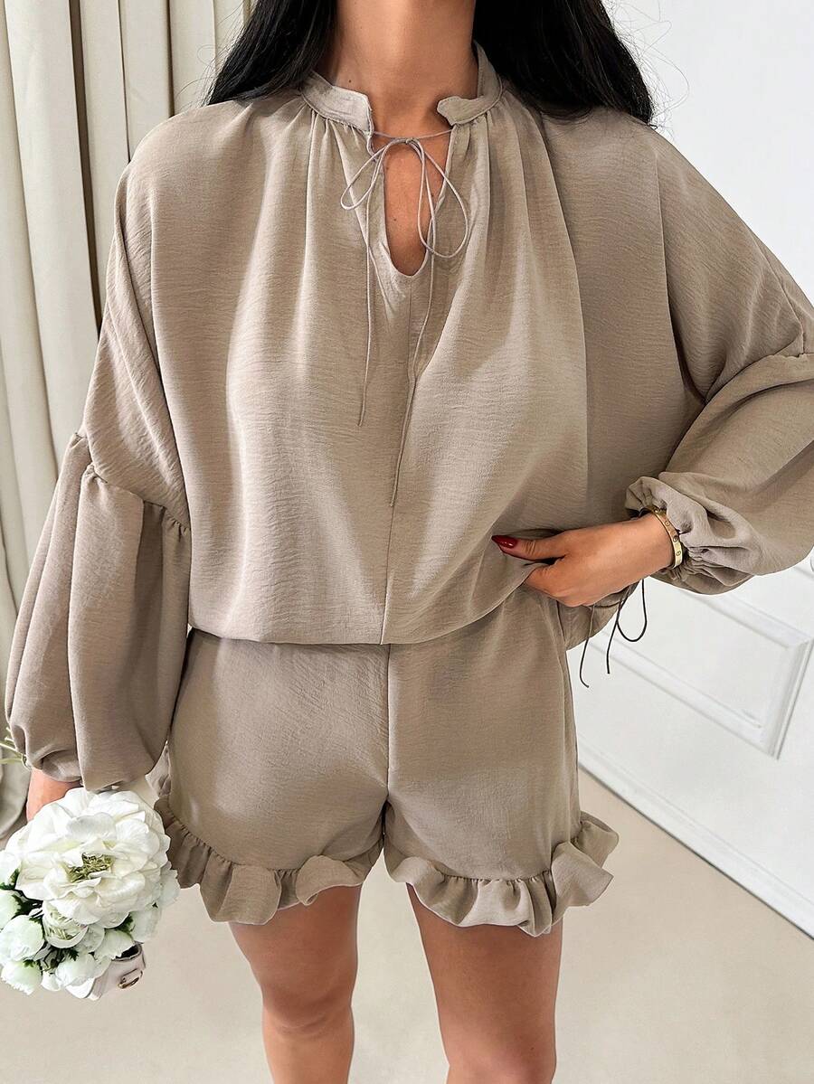 EURMUSE Women Blouses With Tassels & Shorts With Ruffles Beige Two Pieces Set Two Pieces Lounge Set Comfortable Two Pieces Set Elegant 2 Pieces Set - Coffee Brown - View 1