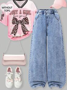 Quần jeans ống rộng dáng suông thoải mái, dễ phối đồ, phong cách Kawaii cho nữ tuổi teen, thích hợp cho mùa hè và sinh nhật. - Rửa nhẹ - Xem 1