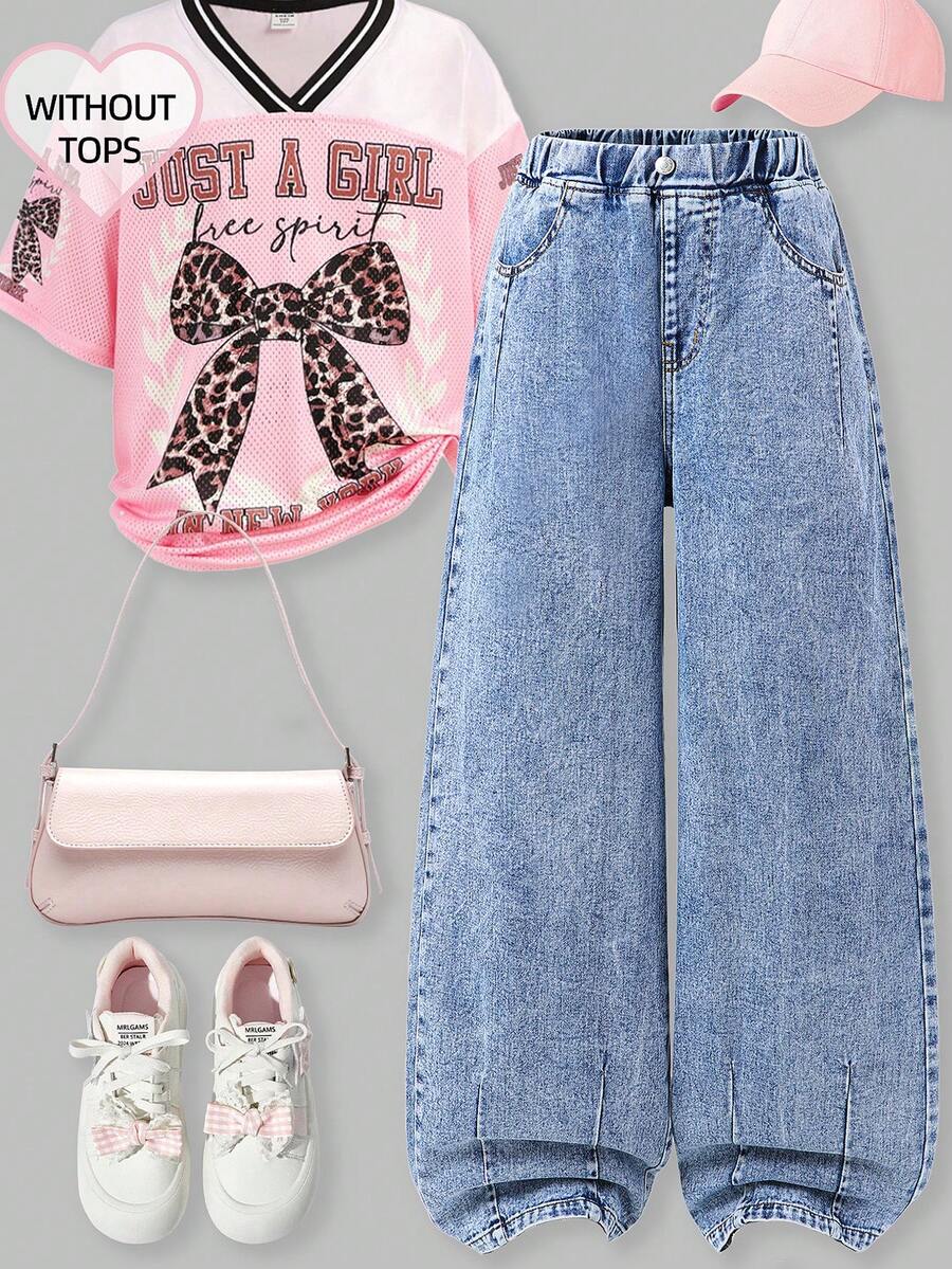 Quần jeans ống rộng dáng suông thoải mái, dễ phối đồ, phong cách Kawaii cho nữ tuổi teen, thích hợp cho mùa hè và sinh nhật. - Rửa nhẹ - Xem 1