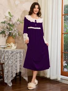 Côtesoire Camisón elegante de mujer con volantes de encaje y contraste de color al estilo francés - Morado - Ver 3