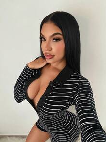 SHEIN SXY Black Striped Polo Collar Long Sleeve Striped Skinny Jumpsuit,Black Dress,Going Out ,Casual, Sexy Romper, Bodysuits For Women Long Sleeve, - Black and White - View 6