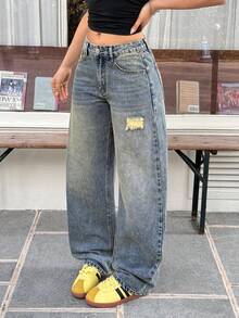 Rivivi Quần jeans nữ cạp thấp, kiểu dáng thời trang, rách rưới, ống loe, giặt mài, màu vintage. - Rửa trung bình - Xem 4