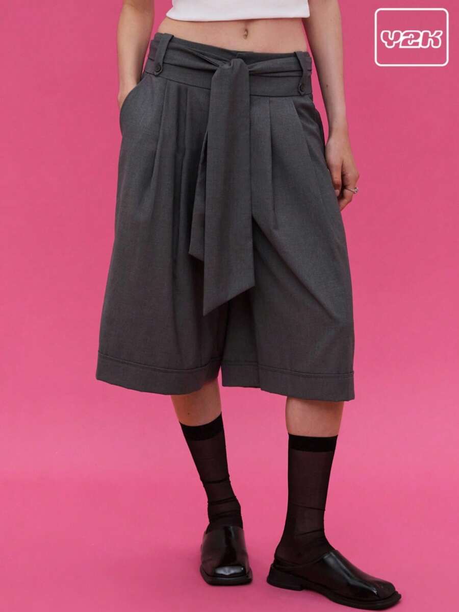 COUREZ Long Line Tailored Shorts With Front Tie /Y2K Going Out Cute Spring Elegant - Grey - View 1