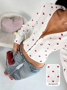 TRNVIE Women's Heart Print Long Sleeve Cropped Fitted Fashionable Sexy Blouse - Red and White - View 3