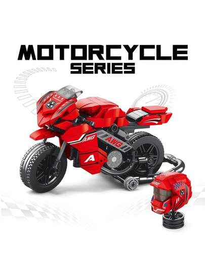 MINKOJA Red Motorcycle Building Block Set - 400PCS ABS Mechanical Model With Helmet Accessory, Collectible Assembled Toy Piece Count: 400pcs