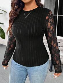 SHEIN Frenchy Casual Black Plus Size Rib-Knit Tee With Semi-Sheer Lace Long Sleeves And Stand Collar - Black - View 5