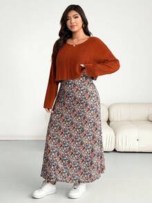 SHEIN Essnce Plus-Size Women's Autumn/Winter Fashion Casual Loose Comfortable Everyday Two Pieces Set: Orange-Brown Top And Floral Long Dress,Fall Outfits,Country Style