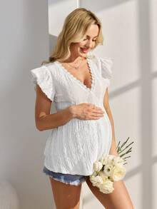 SHEIN 优雅孕妇网纱刺绣V领短袖T恤 - 白色 - 查看 5