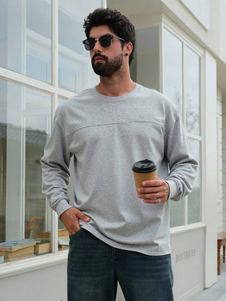 Men's Loose Fit Grey T-Shirt With Letter Embroidery, Autumn