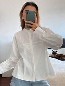 DAZY 女士宽松立领长袖优雅正式衬衫，春秋季 - 白色 - 查看 6