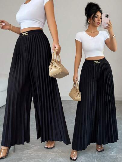 SHEIN Elenzya 春季新款褶裥阔腿裤，适合通勤、聚会及各种场合。适合休闲、通勤、度假、下午茶、圣诞派对等场合。返校季教师办公工作服