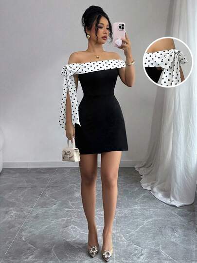 Rafferiza Contrast Black Polka Dot Chiffon Bow Shoulder Fitted Short A-Line Dress, Minimalist Summer Dress, Suitable For Outdoor Wear Black And White Polka Dot Dress Off Shoulder Dress Polka Dot Off Shoulder Dress Black Polka Dot Dress Short Dress
