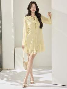 Heiryn 女士纯色简约长袖短款连衣裙，休闲日常穿着 - 黃色 - 查看 2