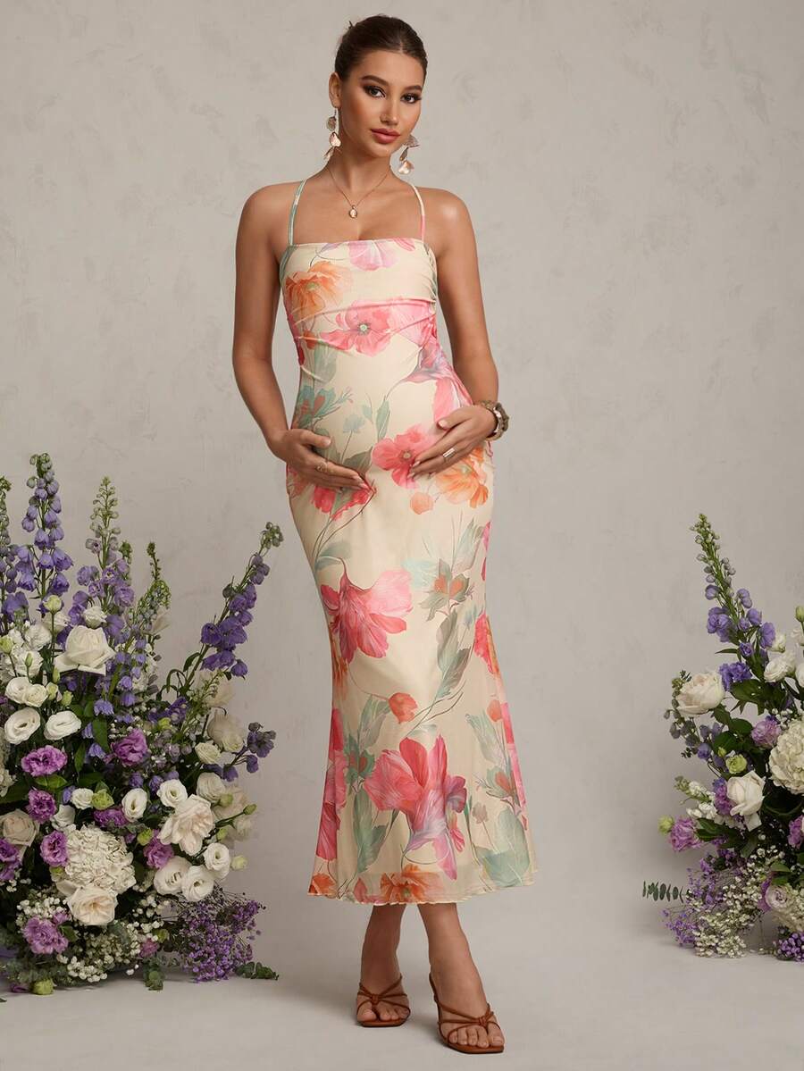 MaterniChic 孕妇优雅蝴蝶印花露背吊带连衣裙，夏季 - 彩色 - 查看 1