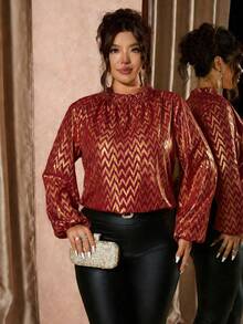 Cravure Blusa elegante y brillante de color caqui para mujer de talla grande, blusa brillante y romántica con volantes para fiestas, adecuada para galas, reuniones formales, citas, reuniones de negocios, estilo urbano de oficina, cuello alto con volantes, puños elásticos, suelta y cómoda, grácil y elegante, blusa de otoño/primavera - Burdeos - Ver 4