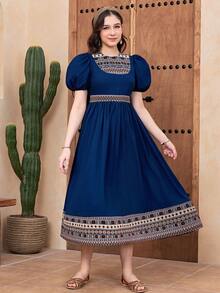 少女休闲度假几何提花拼接泡泡袖褶皱喇叭下摆公主裙，海军蓝 - 寶藍色 - 查看 4