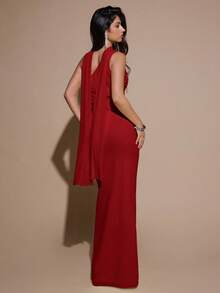SHEIN BAE 不对称褶皱紧身网纱连衣裙，优雅性感正式礼服，适合派对、婚礼、生日、圣诞节、万圣节等场合 - 浅黄色 - 紅色 - 查看 2