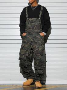 Manfinity EMRG 男士休闲多口袋胸部护具工装迷彩牛仔背带裤 - 軍綠色 - 查看 6