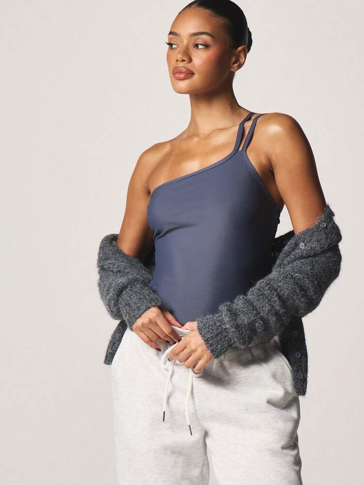 MISSGUIDED One Shoulder Double Strap Bodysuit Navy Asymmetric Cut Out Design Form Fitting Sleeveless Top Summer Party