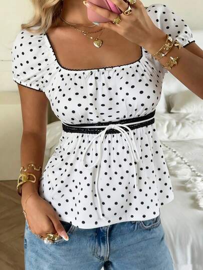 CovetEZ Women's Clothing 2026 New Sweet Casual College Style Polka Dot Short-Sleeved Lace-Up Tie Short-Sleeved Waist-Defining Casual T-Shirt Top