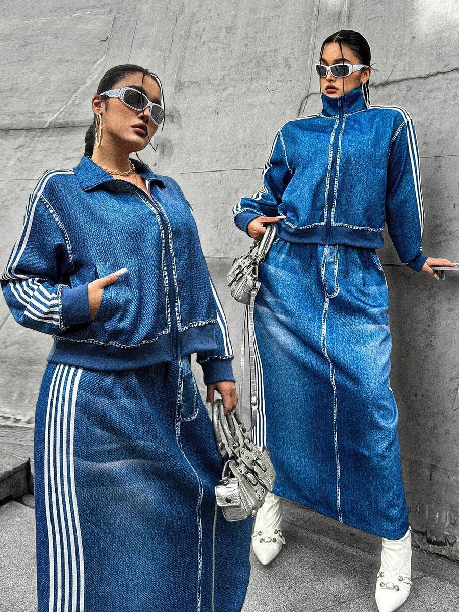 POPSWAY Setelan Jaket Lengan Lebar untuk Wanita Ukuran Plus + Gaun Bodycon dengan Tali Bahu Tipis untuk Musim Gugur - Biru - View 1