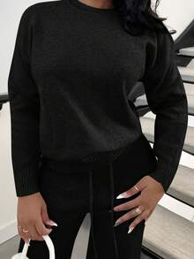 Alexandranx 2pcs/Set Solid Color Crew Neck Long Sleeve Sweater And Pants, Casual Knitwear Set Fall Winter Cloth For Women - Black - View 3