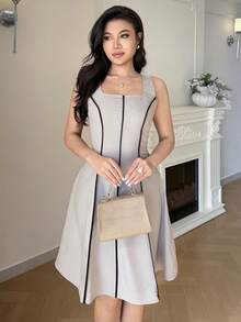 Modelyn Women's Elegant Commuter Contrast Trim Sleeveless Waist Cinched Mini Dress - Khaki - View 3