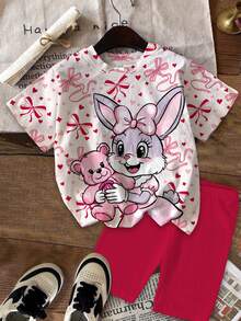 SHEIN Set de 2 piezas con camiseta de manga corta y pantalones cortos con estampado de conejo de dibujos animados, estilo dulce y casual con decoración de lazo al estilo ballet, adecuado para el verano - Multicolor - Ver 2