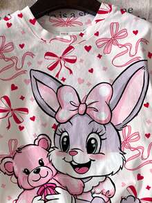 SHEIN Set de 2 piezas con camiseta de manga corta y pantalones cortos con estampado de conejo de dibujos animados, estilo dulce y casual con decoración de lazo al estilo ballet, adecuado para el verano - Multicolor - Ver 5