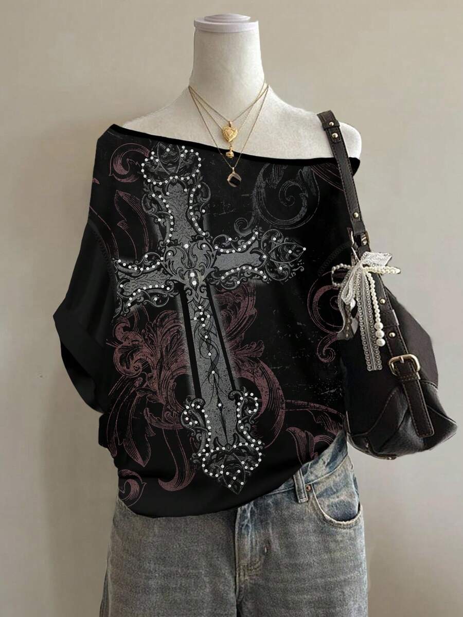 Attitoon 女士休闲简约十字印花露肩宽松短袖T恤 - 彩色 - 查看 1