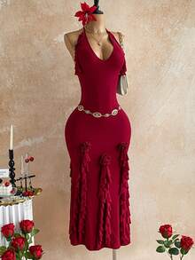 Soleia 新款休闲度假西部海滩婚礼宾客礼服毕业早午餐连衣裙，适合圣帕特里克节、春假、复活节、音乐节、优雅波西米亚热带浪漫情人节圣诞派对，荷叶边露背吊带长裙 - 酒紅色 - 查看 5