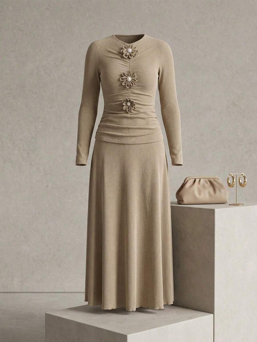 Modelyn Women's Round Neck Long Sleeve Floral Decor Pleated Elegant Dress - Khaki - View 1