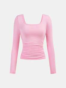 Girlism 2件套少女黑色和粉色针织高领褶皱腰身长袖休闲百搭简约时尚T恤 - 粉色 - 查看 7